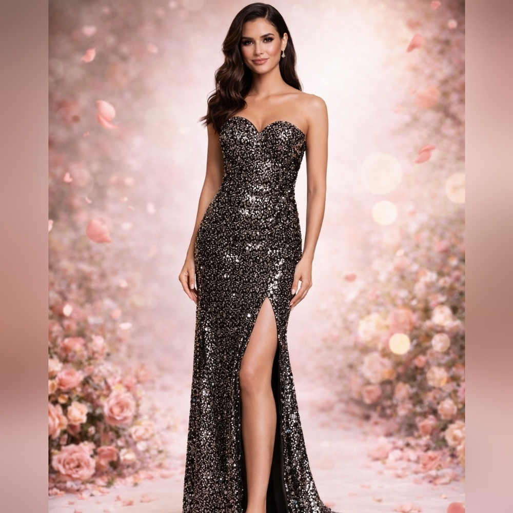 Eva Usa Silver/Black Sequin Strapless Maxi Dress With Slit And Criss-Cross Back